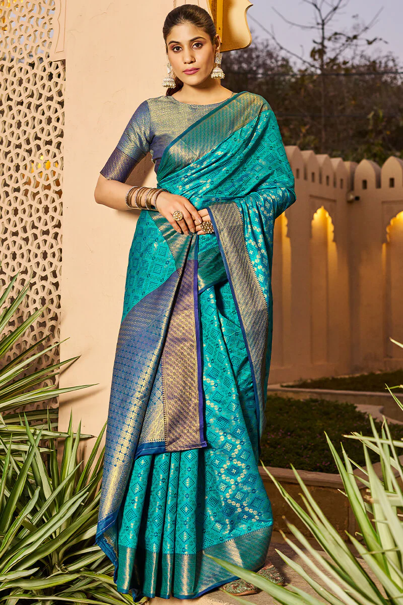 Mesmerising Firozi Patola Silk Saree with Precious Blouse Piece - Image 3