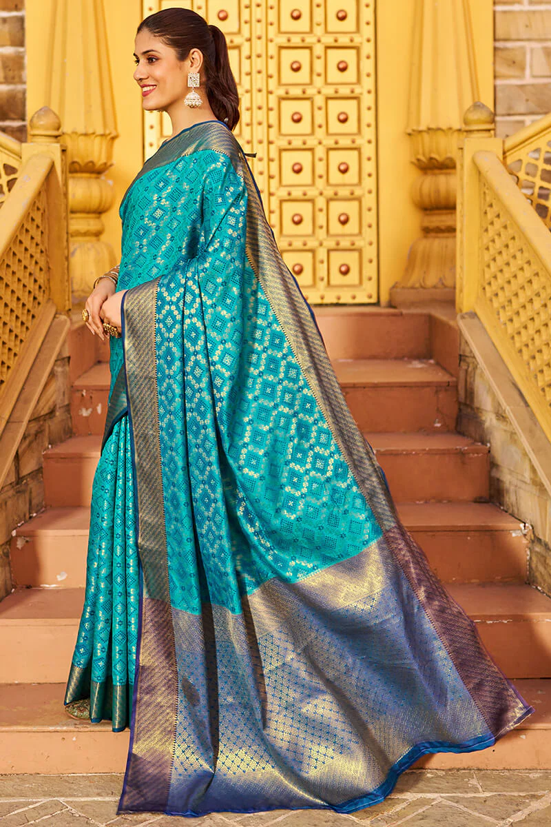 Mesmerising Firozi Patola Silk Saree with Precious Blouse Piece - Image 4