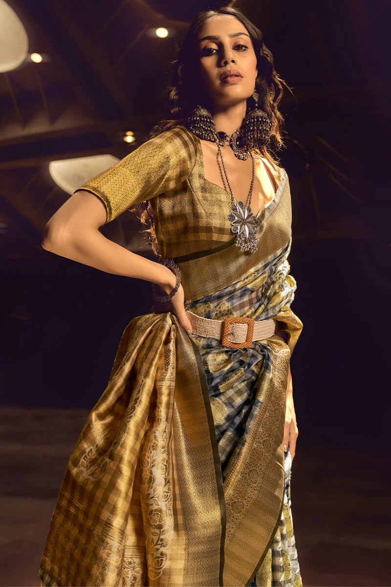 Mesmerising Grey and Yellow Soft Banarasi Silk Saree With Extraordinary Blouse - Image 2