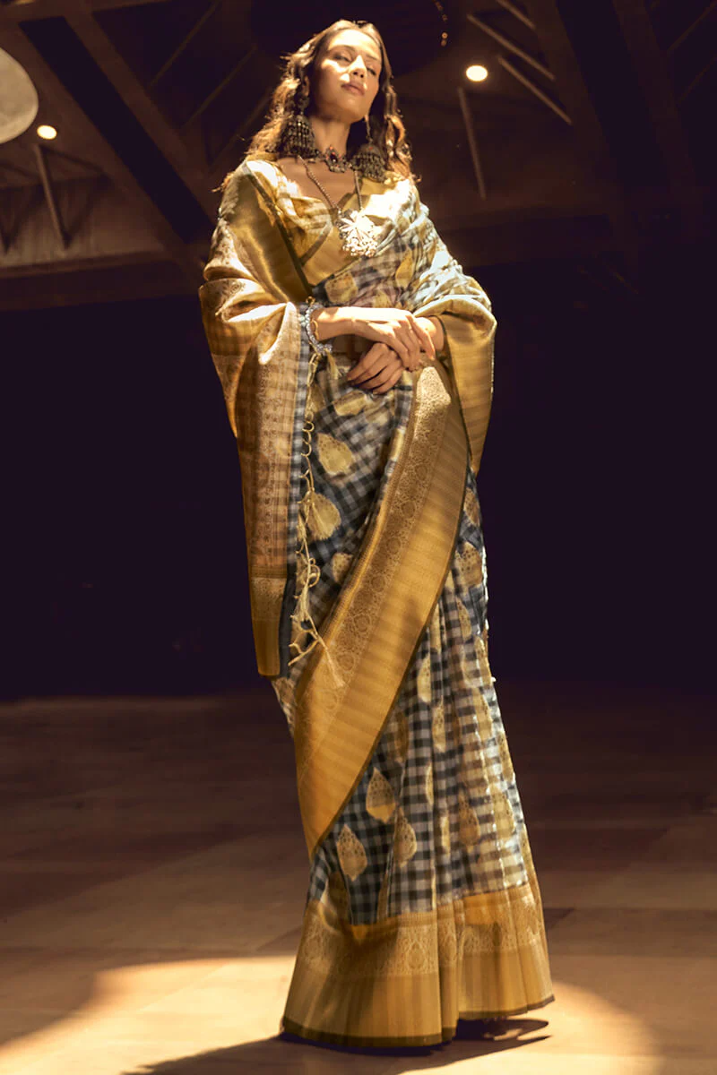 Mesmerising Grey and Yellow Soft Banarasi Silk Saree With Extraordinary Blouse - Image 3