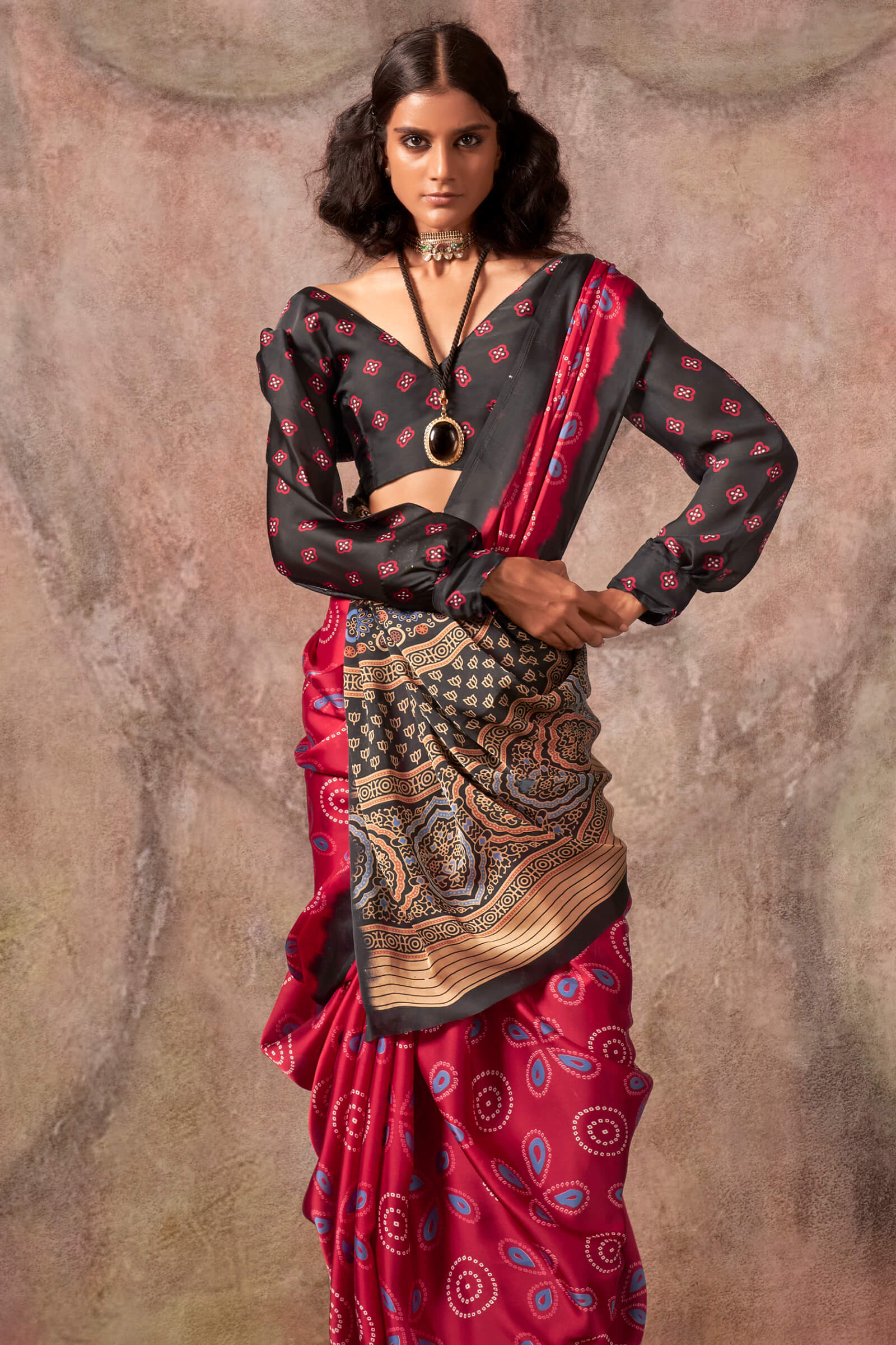 Mesmerising Maroon Ajrakh Printed Satin Silk Saree With Palimpsest Blouse Piece - Image 2