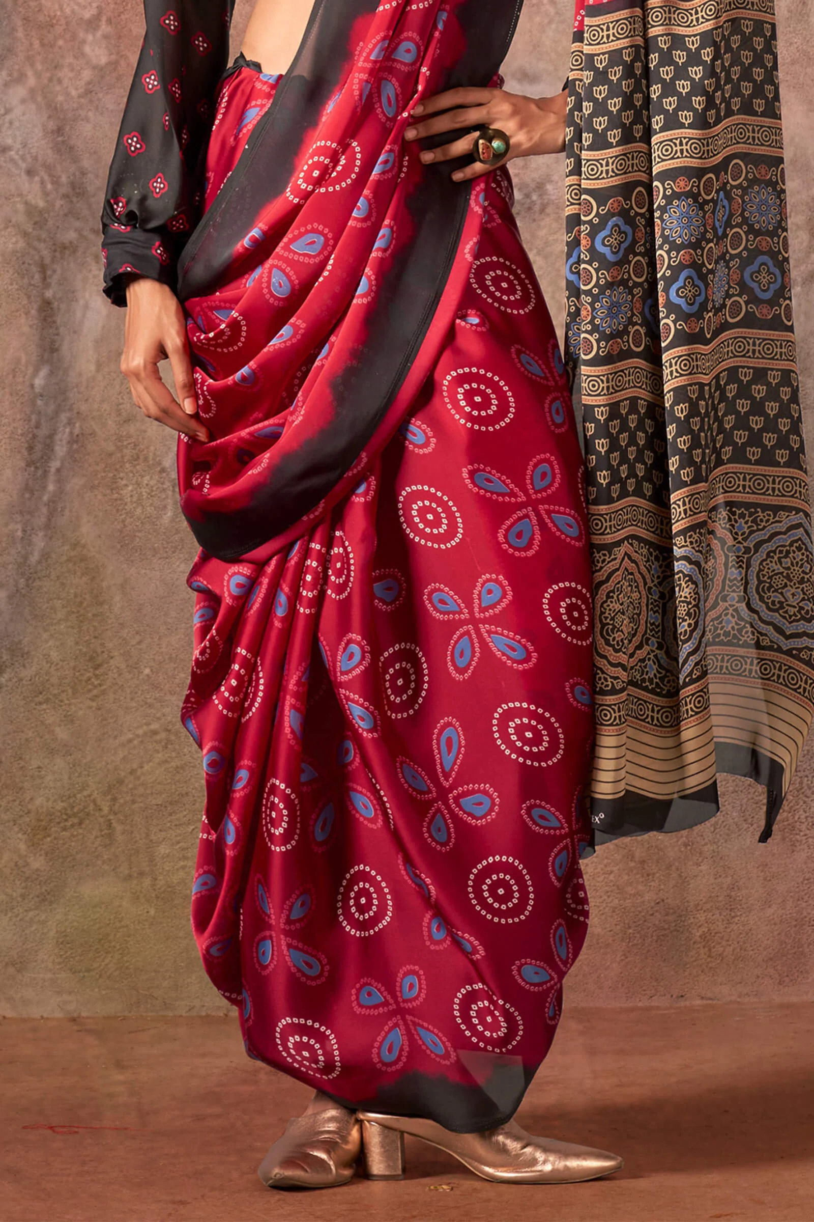 Mesmerising Maroon Ajrakh Printed Satin Silk Saree With Palimpsest Blouse Piece - Image 3