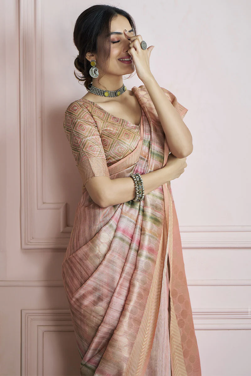 Mesmerising Pink Digital Printed Khadi Silk Saree With Refreshing Blouse Piece - Image 2