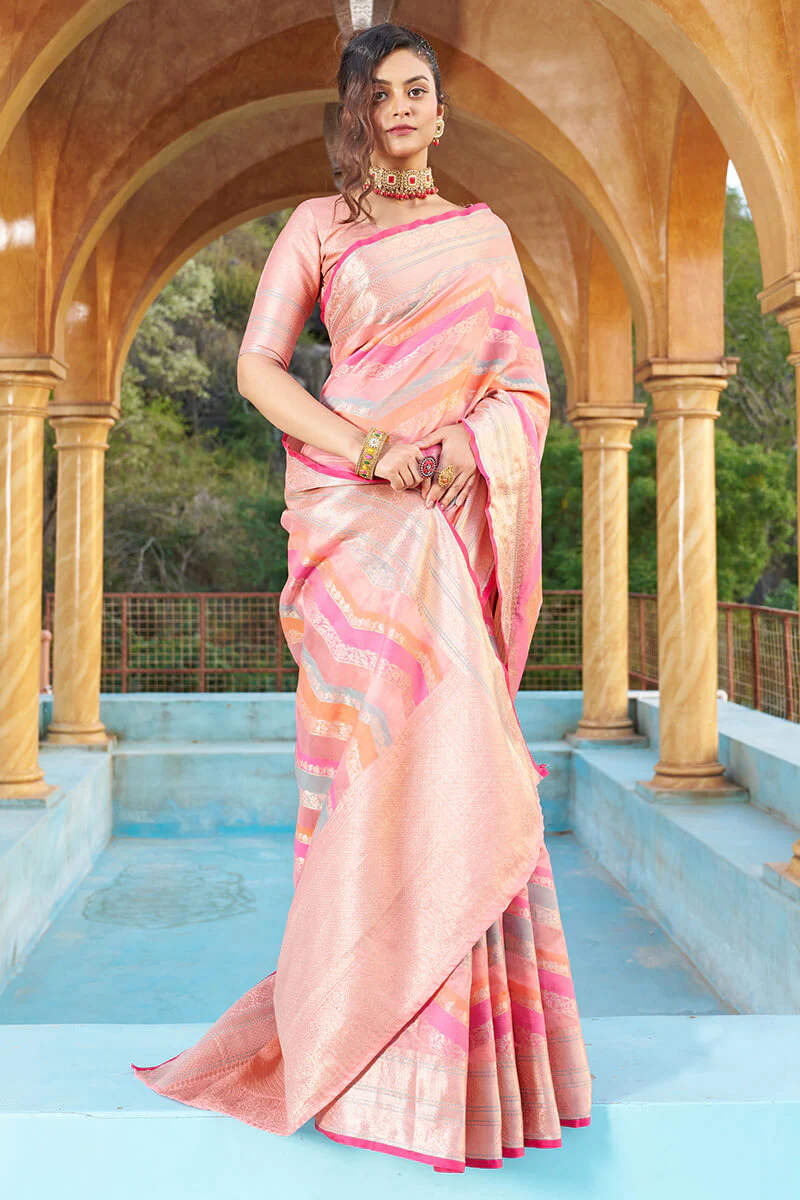 Mesmerising Pink Organza Silk Saree With Delightful Blouse Piece - Image 4