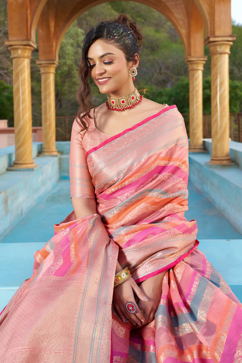 Mesmerising Pink Organza Silk Saree With Delightful Blouse Piece - Image 6