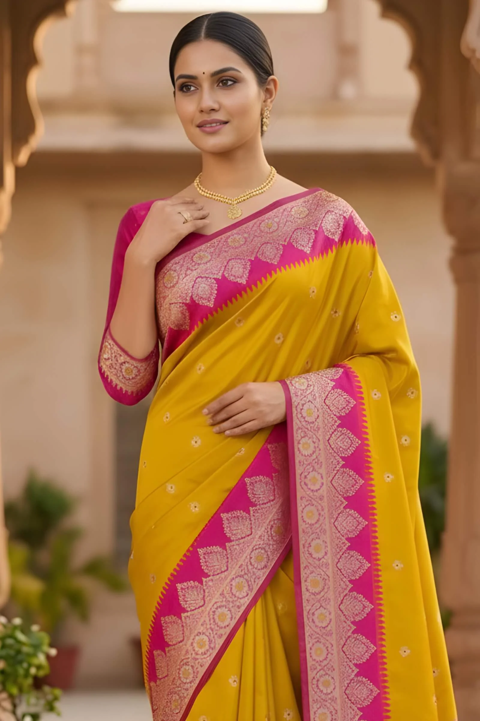Mesmerising Yellow Pure Zari Weaving Banarasi Silk Saree With Quintessential Blouse Piece - Image 2