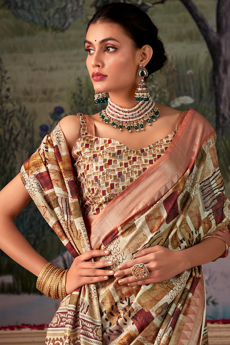 Moiety Brown Digital Printed Tussar Silk Saree With Sumptuous Blouse Piece - Image 3