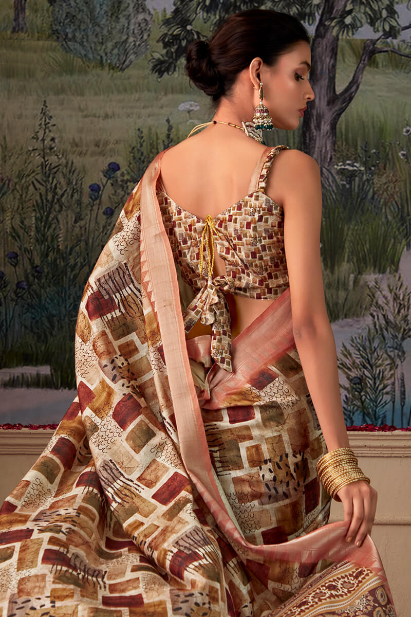 Moiety Brown Digital Printed Tussar Silk Saree With Sumptuous Blouse Piece - Image 4