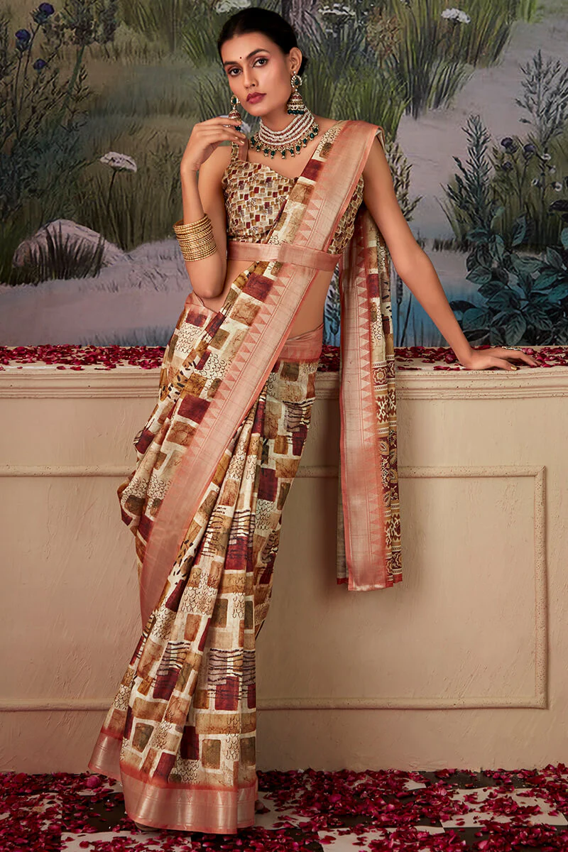 Moiety Brown Digital Printed Tussar Silk Saree With Sumptuous Blouse Piece - Image 5