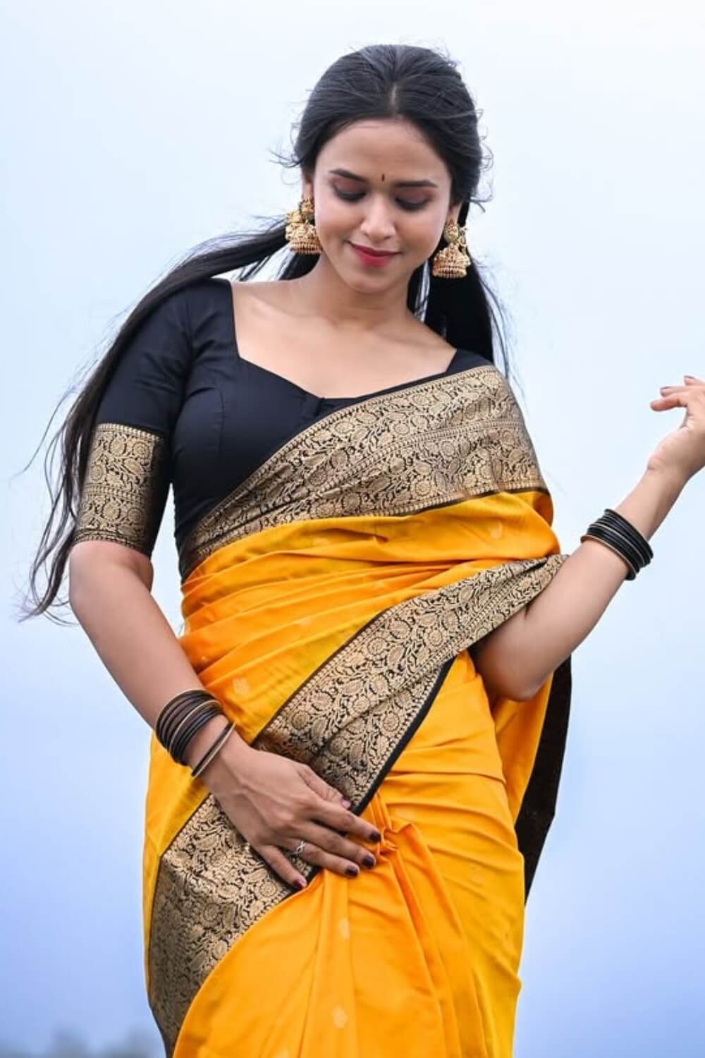 Moiety Mustard Soft Silk Saree With Transcendent Blouse Piece - Image 2