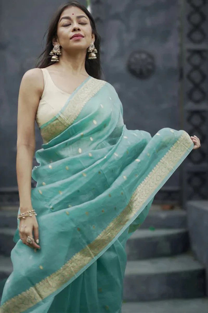 Moiety Turquoise Banarasi Silk Saree With Panoply Blouse Piece - Image 4