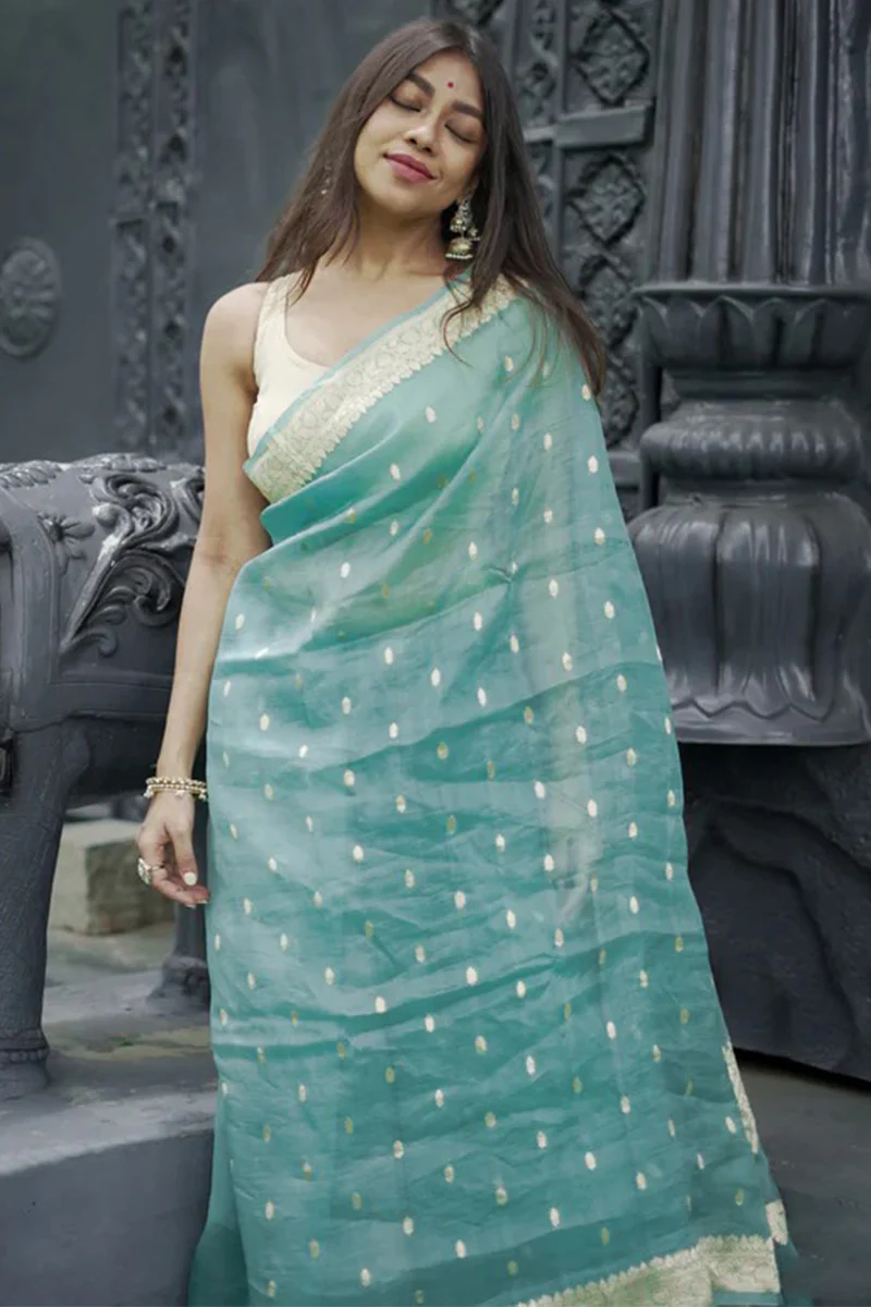 Moiety Turquoise Banarasi Silk Saree With Panoply Blouse Piece - Image 6