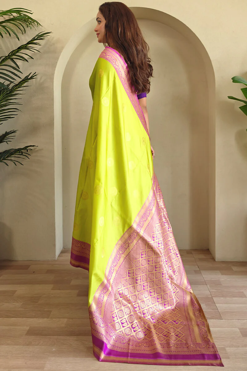 Moiety Parrot Soft Banarasi Silk Saree With Vibrant Blouse Piece - Image 4
