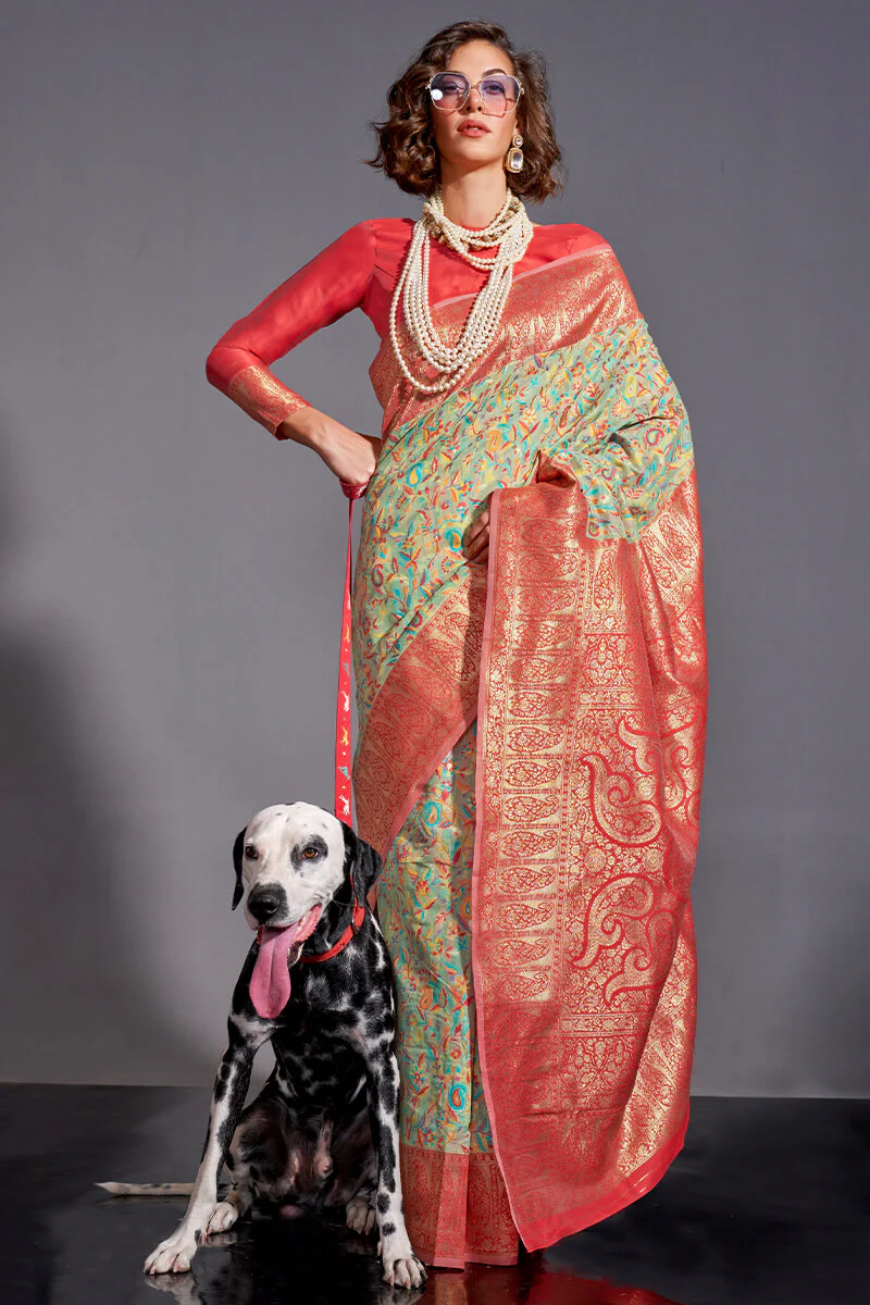 Moiety Pista Pashmina saree With Pleasurable Blouse Piece