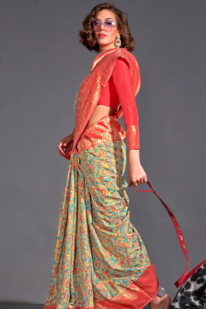 Moiety Pista Pashmina saree With Pleasurable Blouse Piece - Image 2