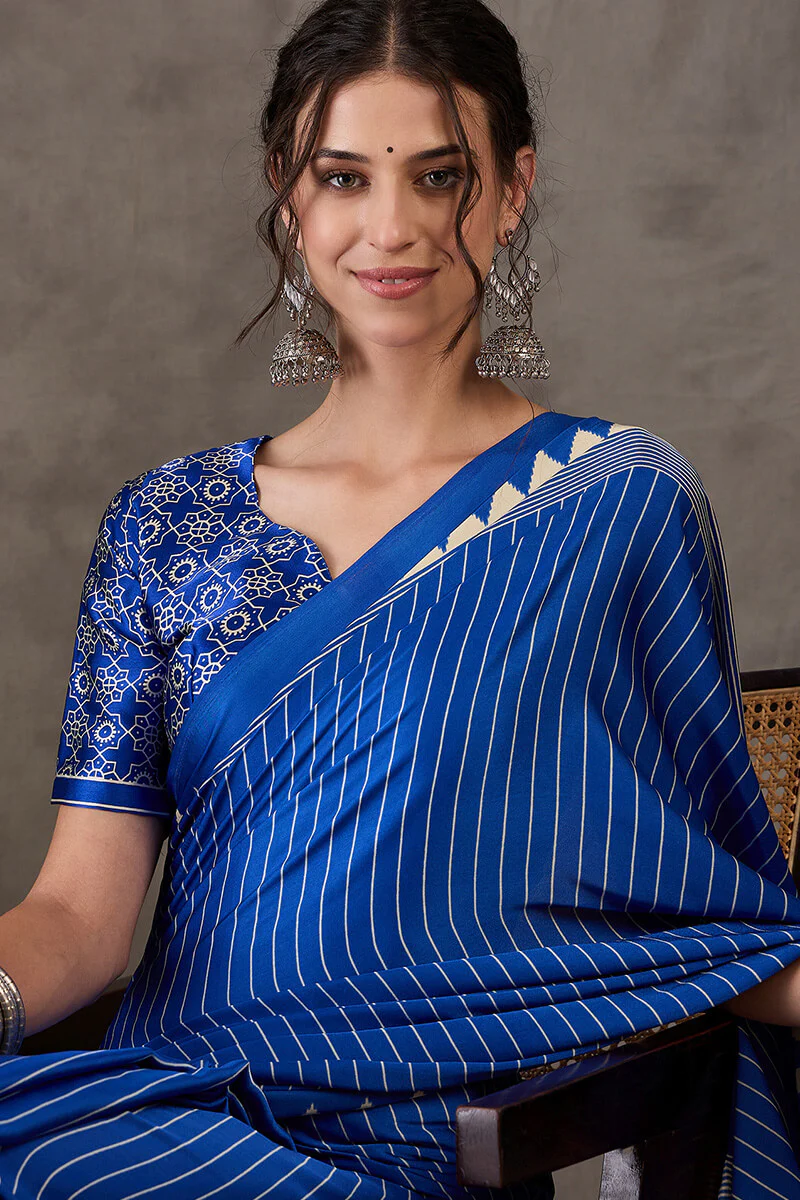 Most Flattering Blue Ajrakh Printed Semi Modal Silk Saree With Adorable Blouse Piece - Image 2