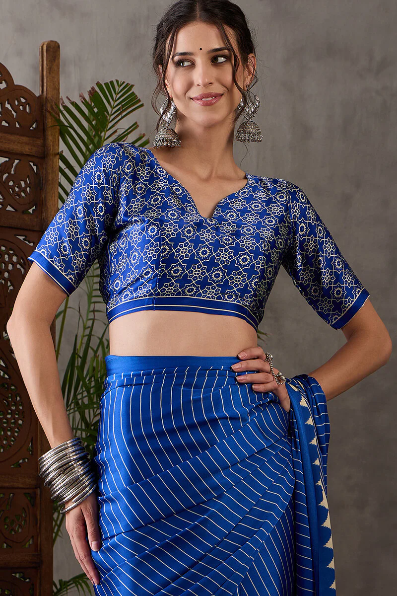 Most Flattering Blue Ajrakh Printed Semi Modal Silk Saree With Adorable Blouse Piece - Image 4