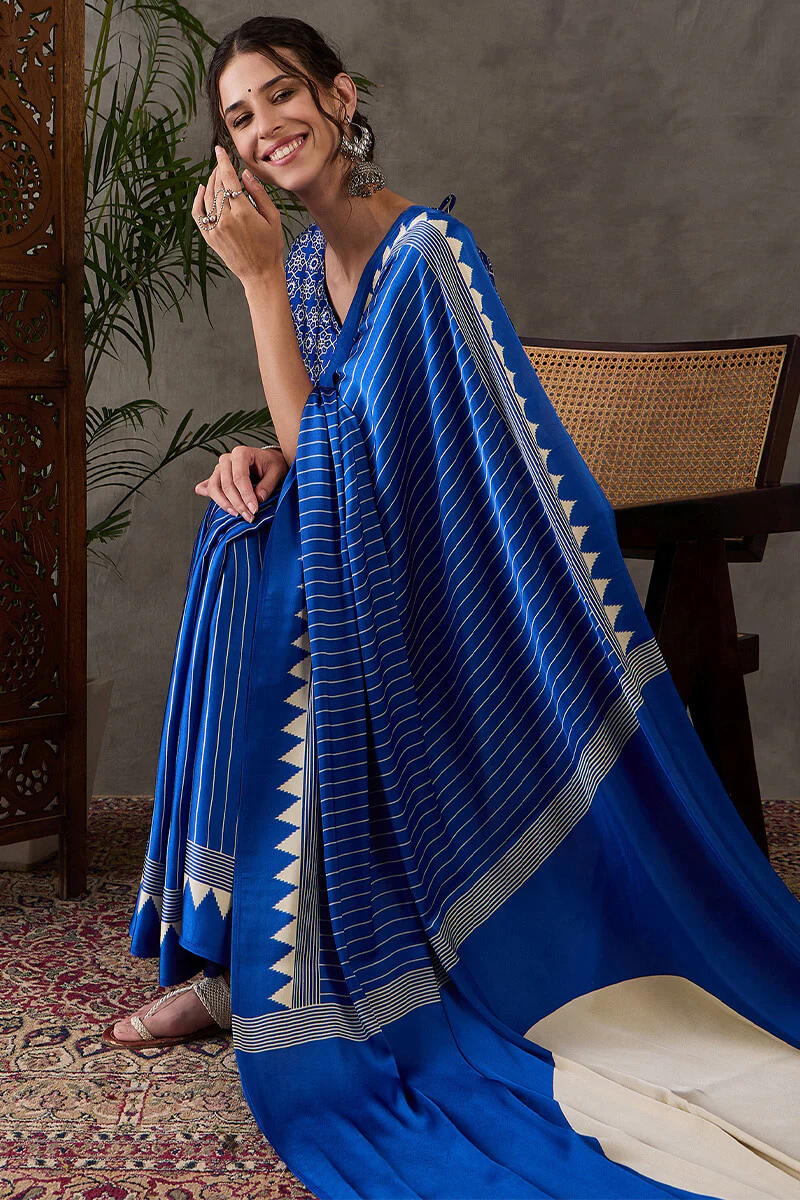 Most Flattering Blue Ajrakh Printed Semi Modal Silk Saree With Adorable Blouse Piece - Image 6
