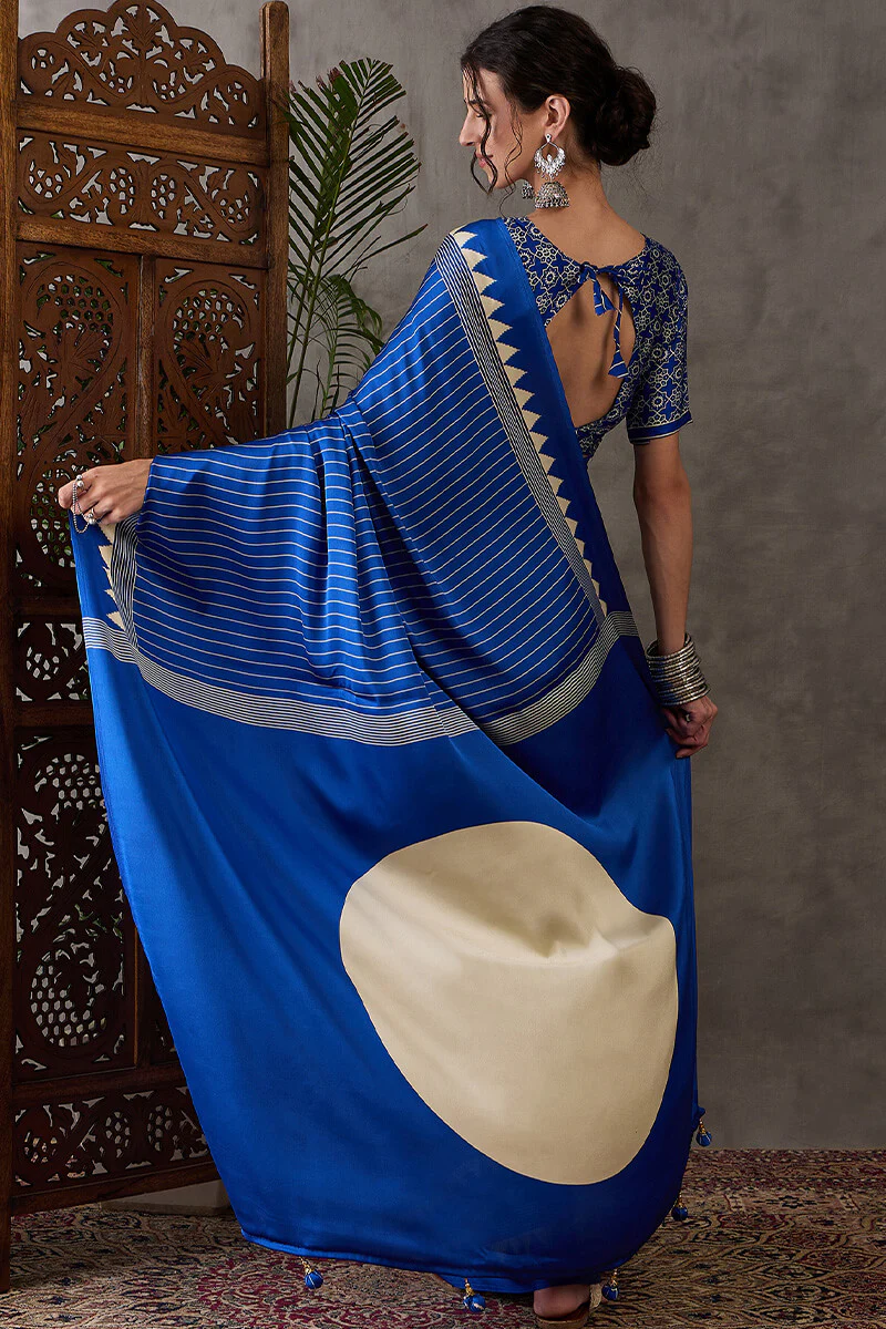 Most Flattering Blue Ajrakh Printed Semi Modal Silk Saree With Adorable Blouse Piece - Image 7