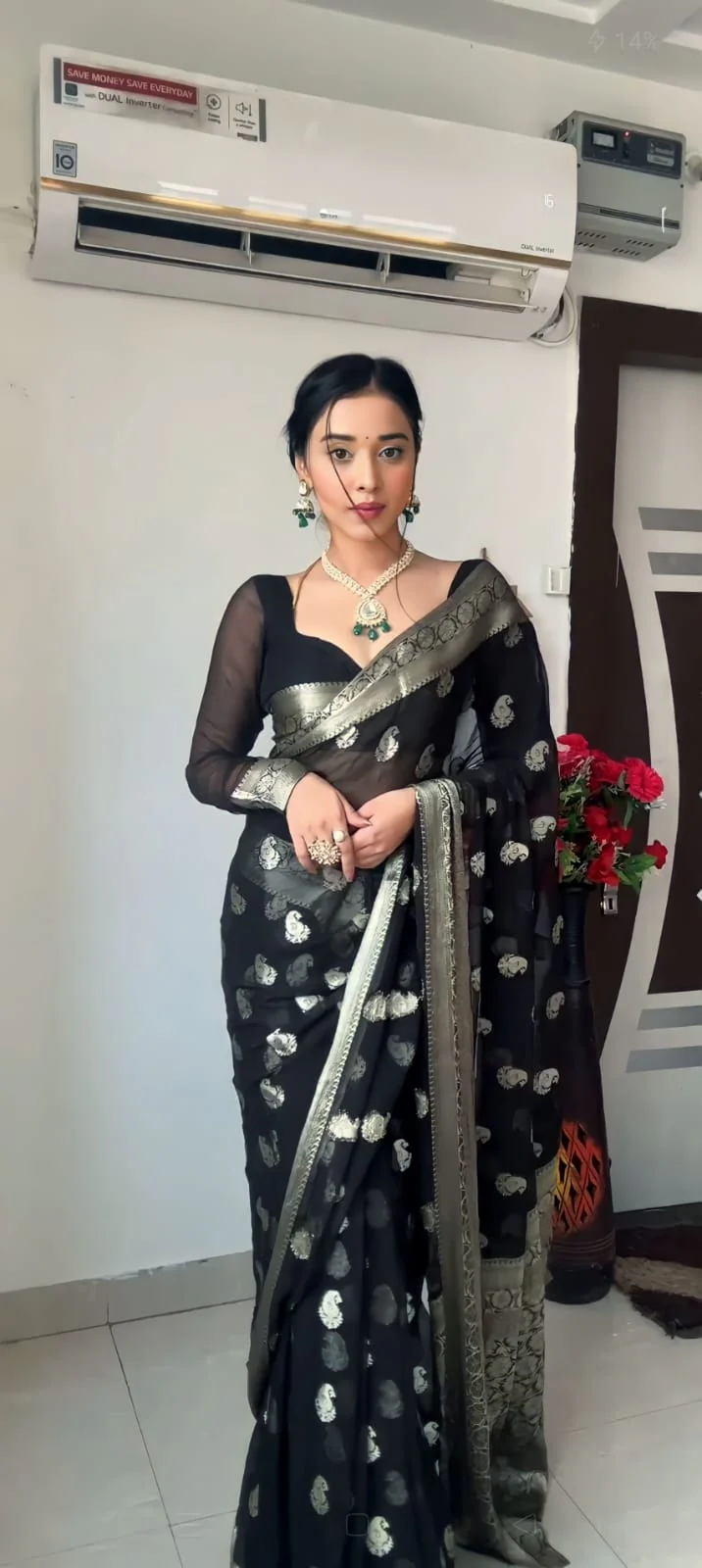 Most Stunning 1-Minute Ready To Wear Black Cotton Silk Saree - Image 2