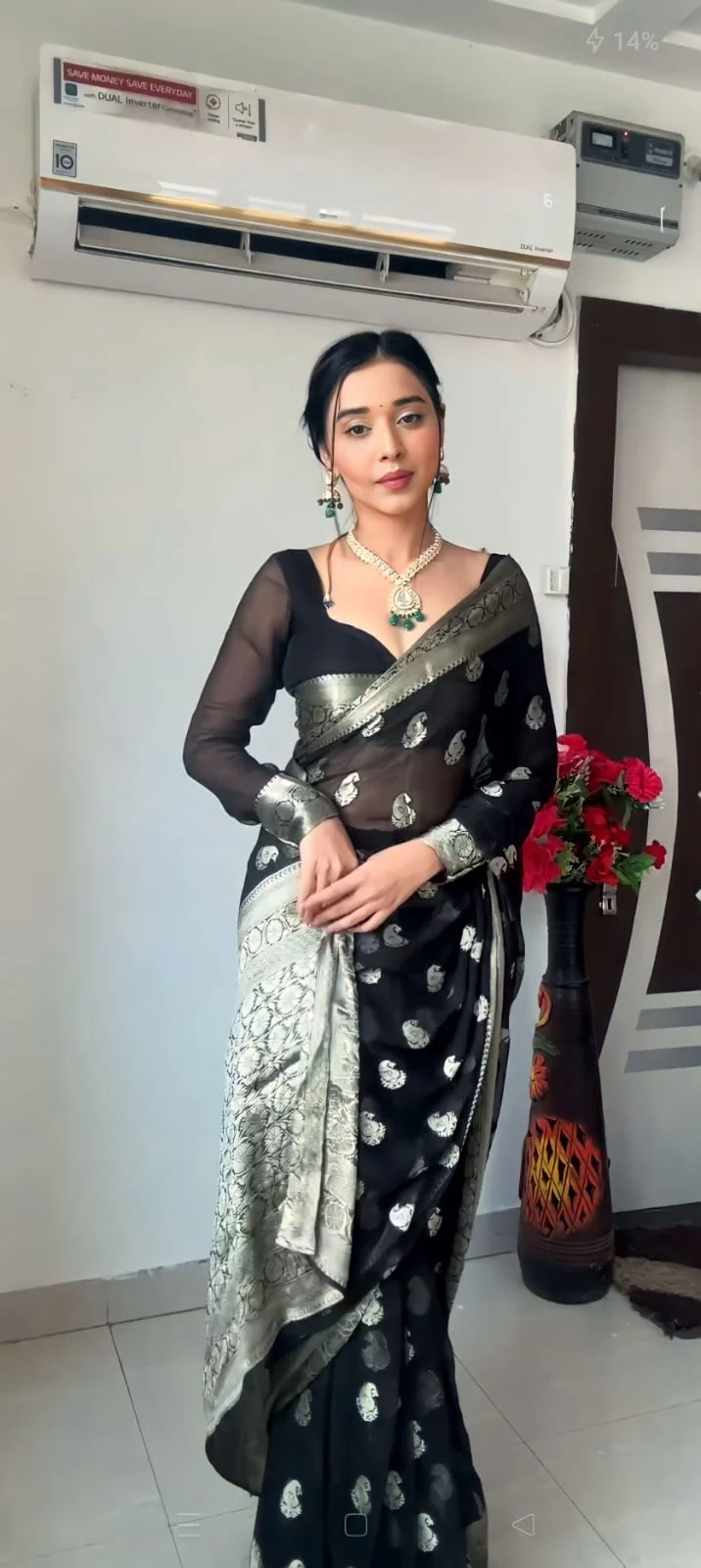 Most Stunning 1-Minute Ready To Wear Black Cotton Silk Saree - Image 3