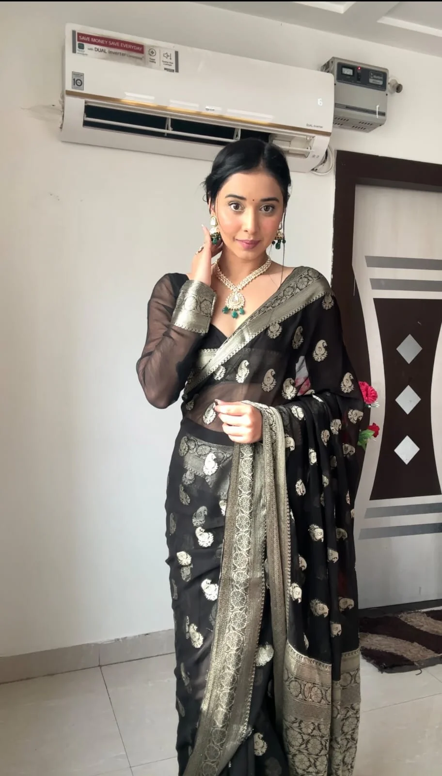 Most Stunning 1-Minute Ready To Wear Black Cotton Silk Saree - Image 4