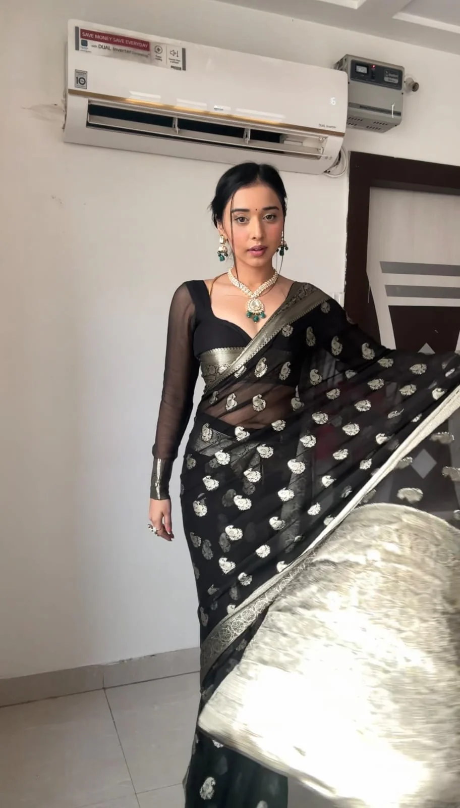 Most Stunning 1-Minute Ready To Wear Black Cotton Silk Saree - Image 5