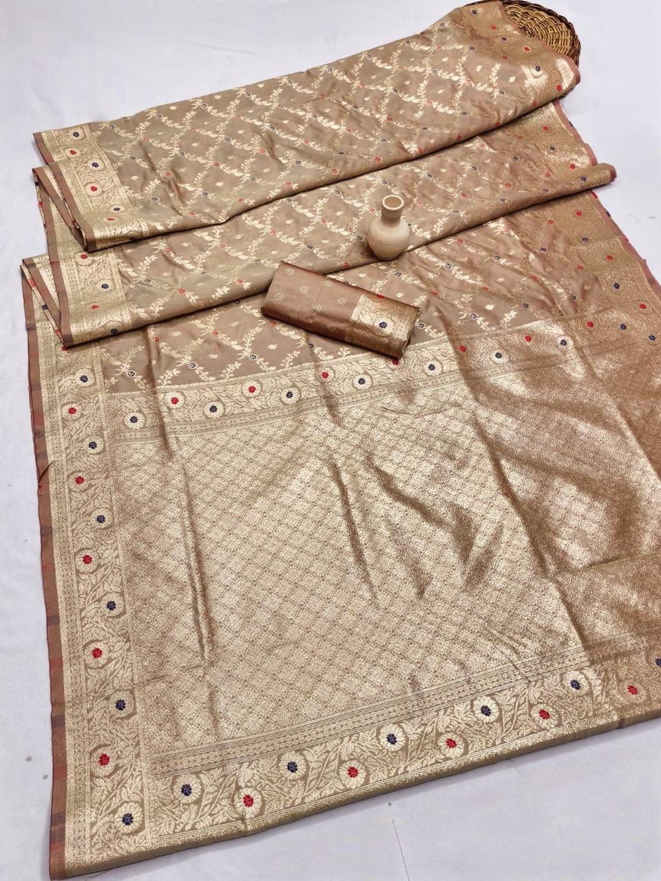 Most Stunning Beige Soft Banarasi Silk Saree With Beautiful Blouse Piece - Image 2