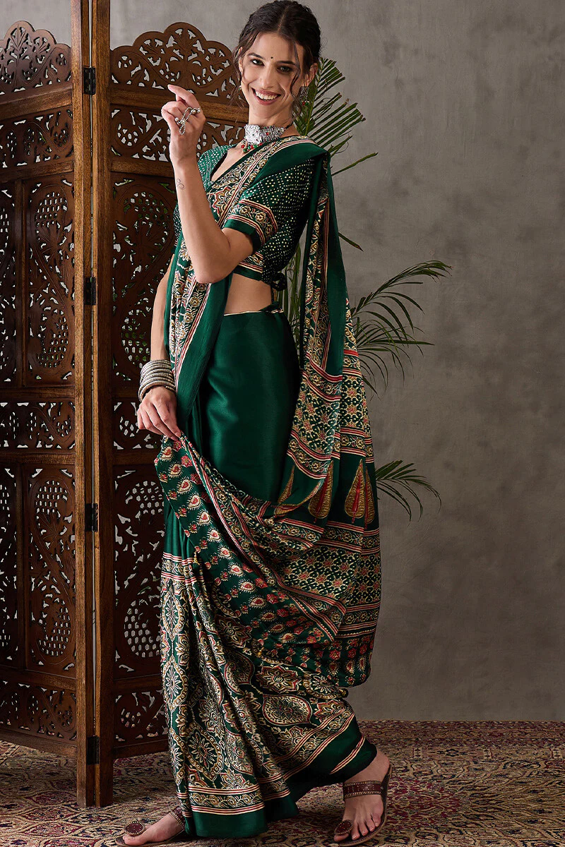Most Stunning Dark Green Ajrakh Printed Semi Modal Silk Saree With Opulent Blouse Piece - Image 3
