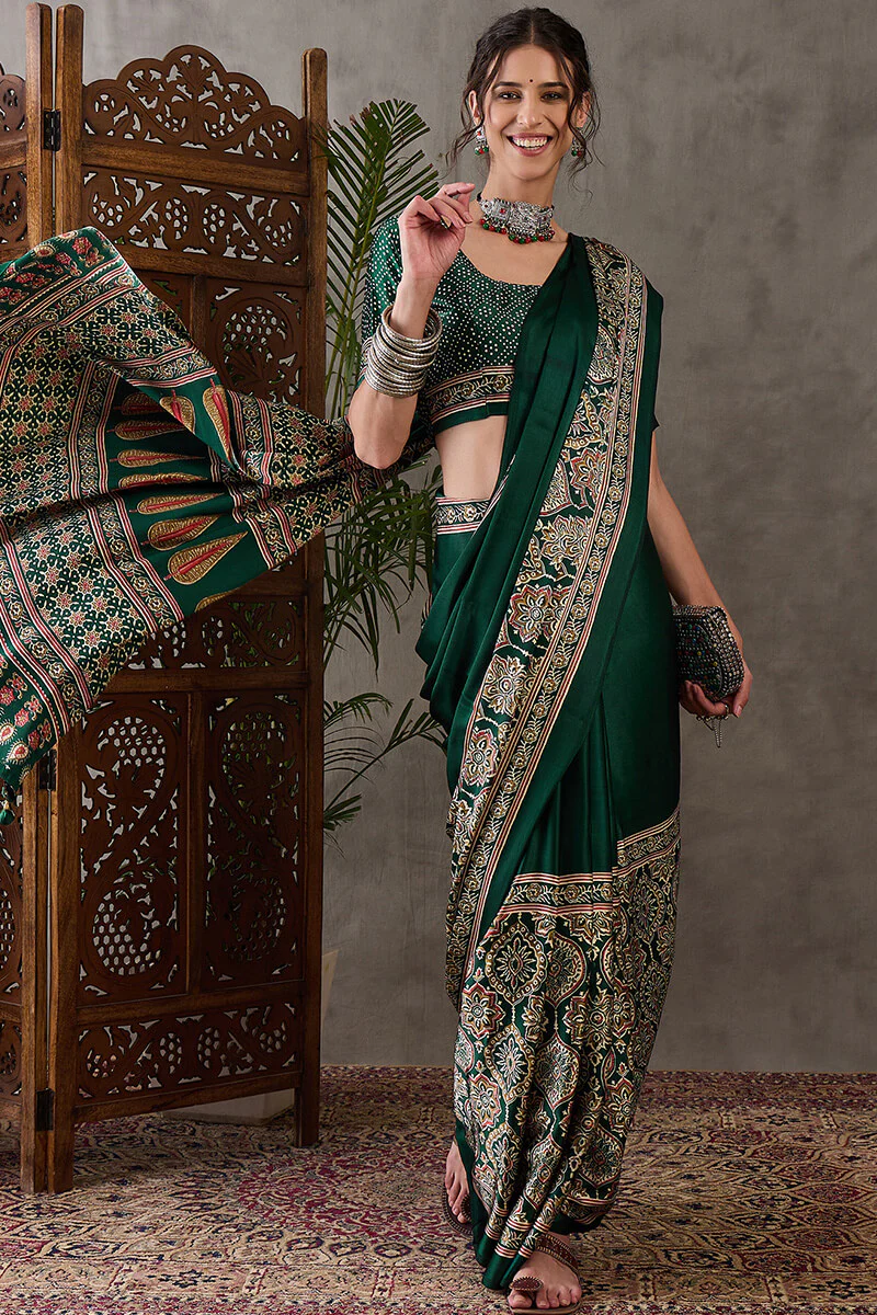 Most Stunning Dark Green Ajrakh Printed Semi Modal Silk Saree With Opulent Blouse Piece - Image 5