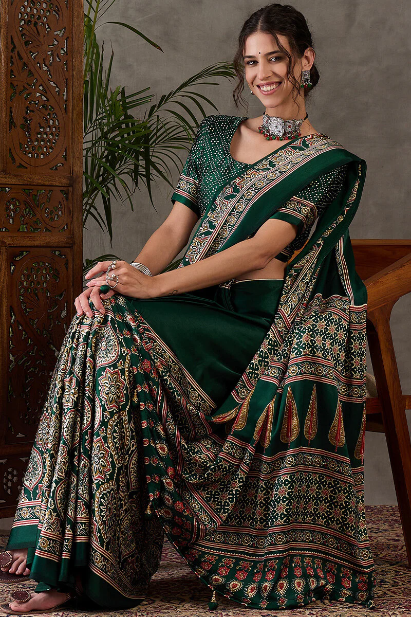 Most Stunning Dark Green Ajrakh Printed Semi Modal Silk Saree With Opulent Blouse Piece - Image 6