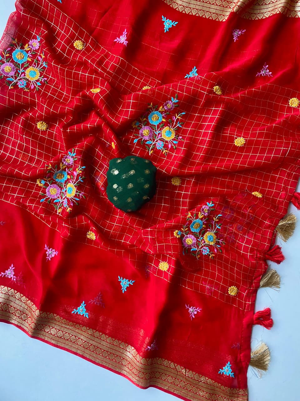 Most Stunning Red Embroidery Work Pure Georgette Saree With Opulent Blouse Piece - Image 2