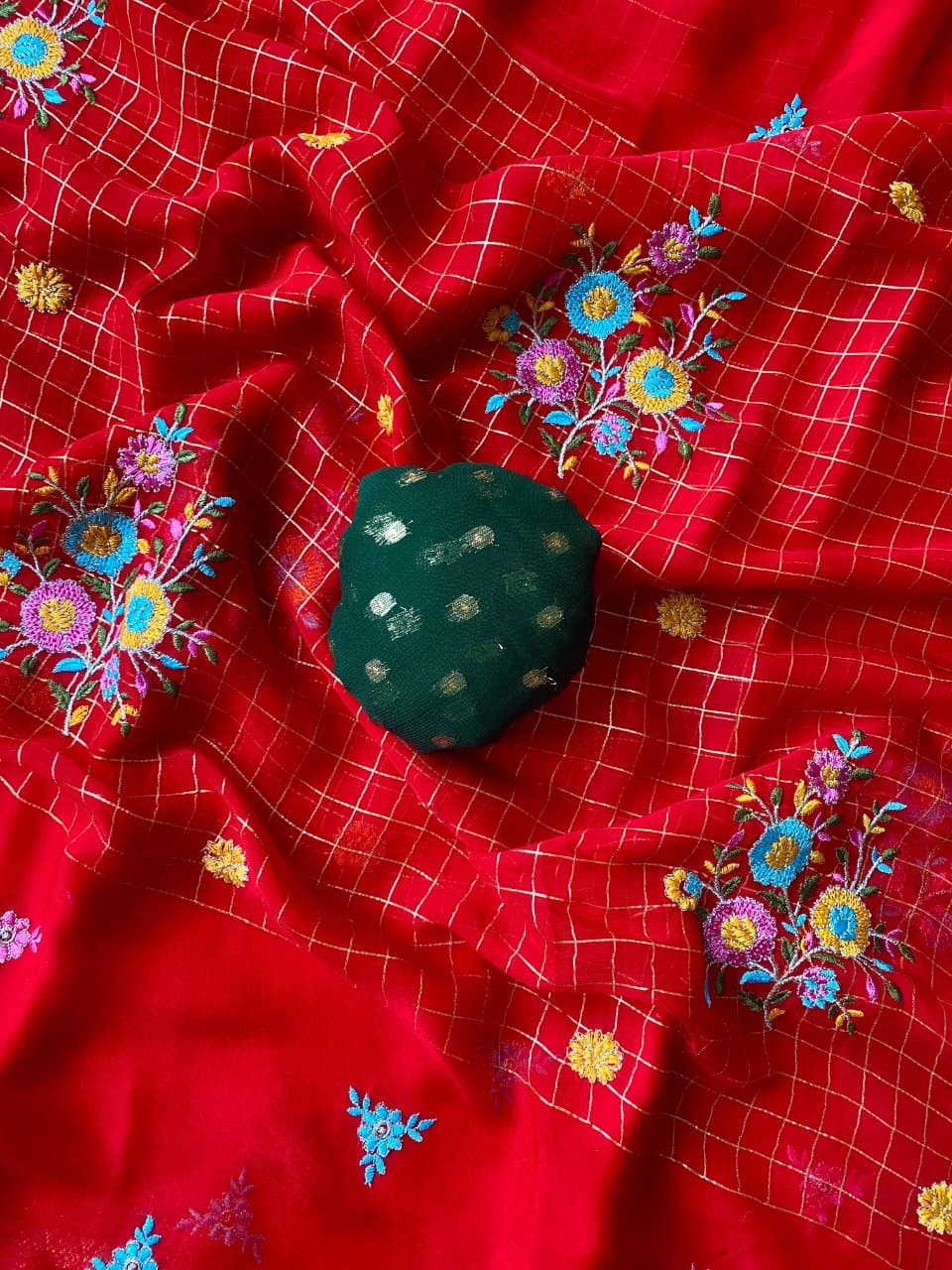 Most Stunning Red Embroidery Work Pure Georgette Saree With Opulent Blouse Piece - Image 3