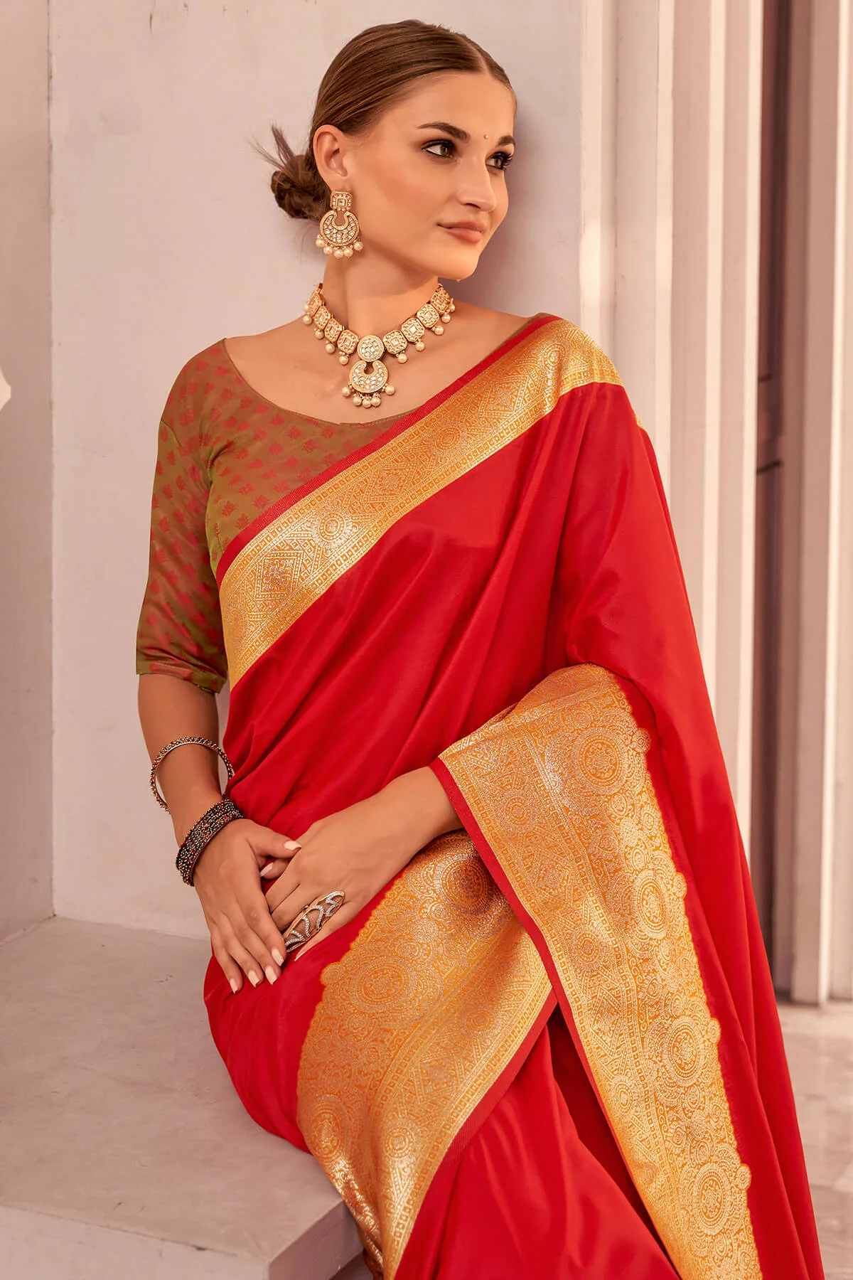 Most Stunning Red Soft Banarasi Silk Saree With Embrocation Blouse Piece - Image 2