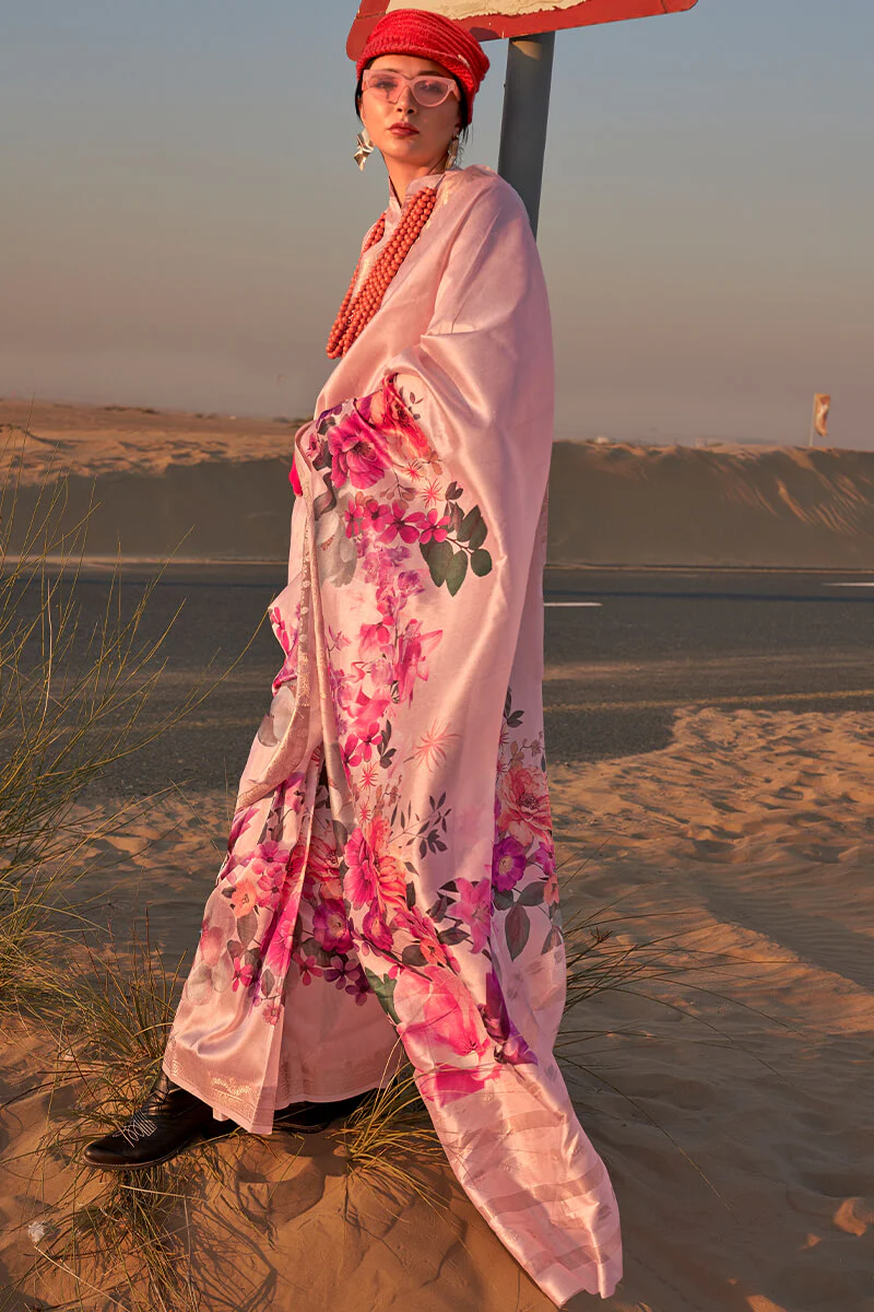Murmurous Baby Pink Digital Printed Tussar Silk Saree With Elision Blouse Piece - Image 3