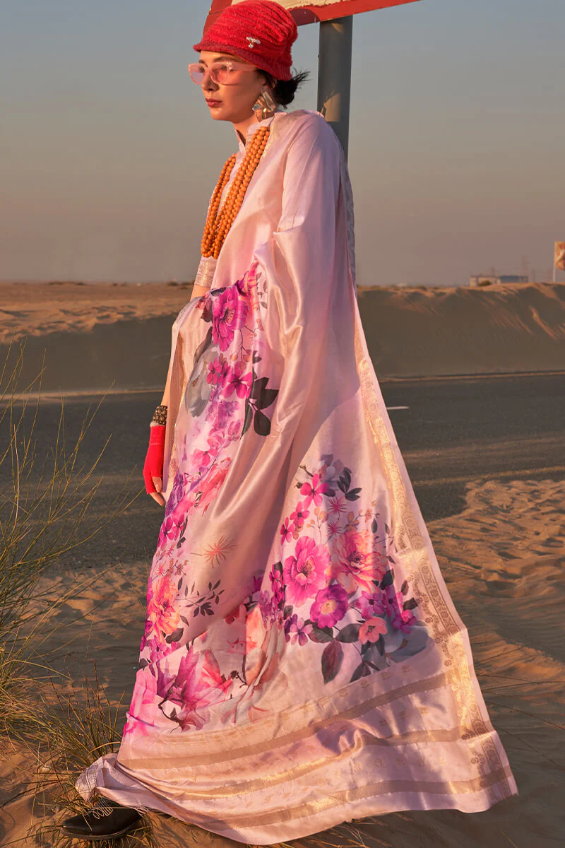 Murmurous Baby Pink Digital Printed Tussar Silk Saree With Elision Blouse Piece - Image 4