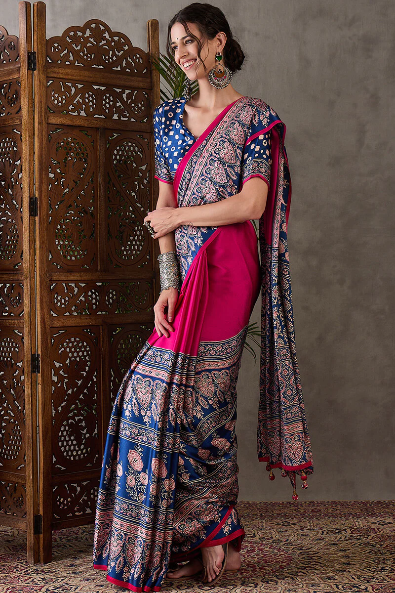 Murmurous Dark Pink Ajrakh Printed Semi Modal Silk Saree With Ephemeral Blouse Piece - Image 3