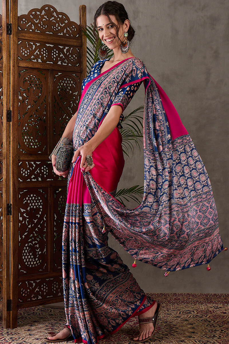 Murmurous Dark Pink Ajrakh Printed Semi Modal Silk Saree With Ephemeral Blouse Piece - Image 4