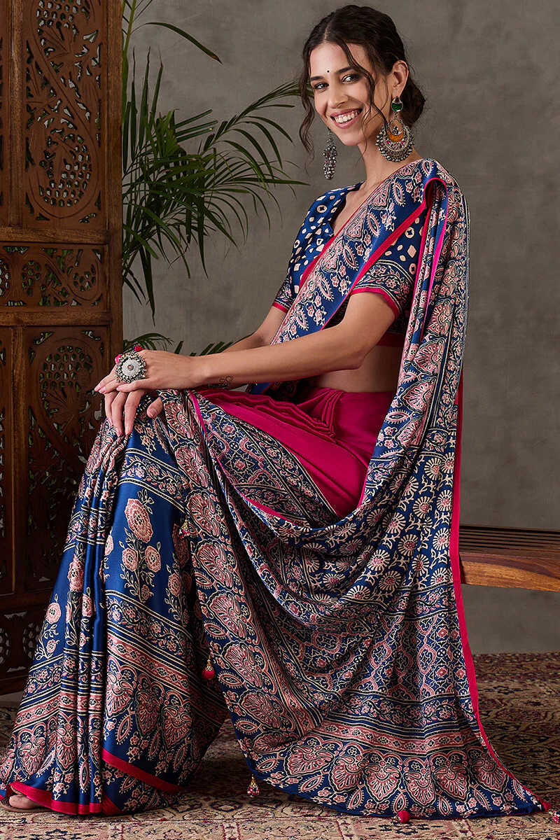 Murmurous Dark Pink Ajrakh Printed Semi Modal Silk Saree With Ephemeral Blouse Piece - Image 6