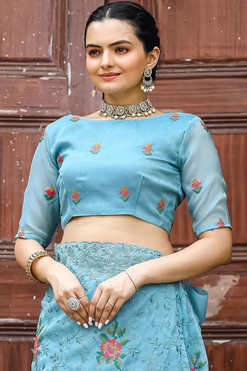 Murmurous Firozi Embroidery Work Chiffon Silk Saree With Devastating Blouse Piece - Image 2