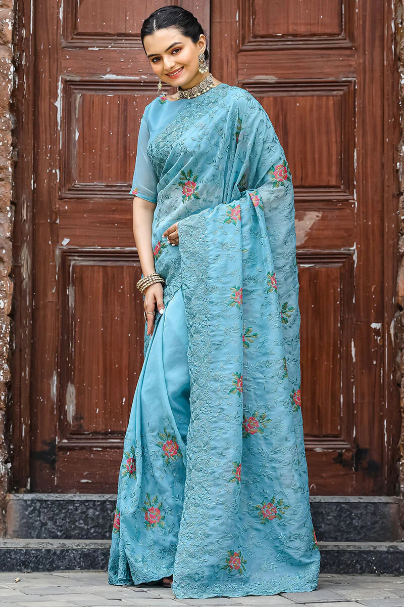 Murmurous Firozi Embroidery Work Chiffon Silk Saree With Devastating Blouse Piece - Image 3
