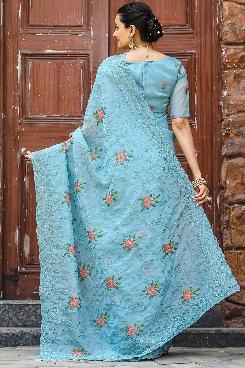 Murmurous Firozi Embroidery Work Chiffon Silk Saree With Devastating Blouse Piece - Image 4