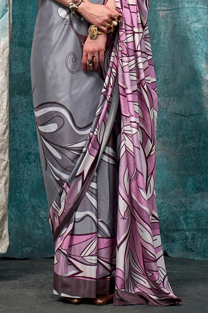 Murmurous Grey and Pink Digital Printed Crape Silk Saree With Confounding Blouse Piece - Image 3