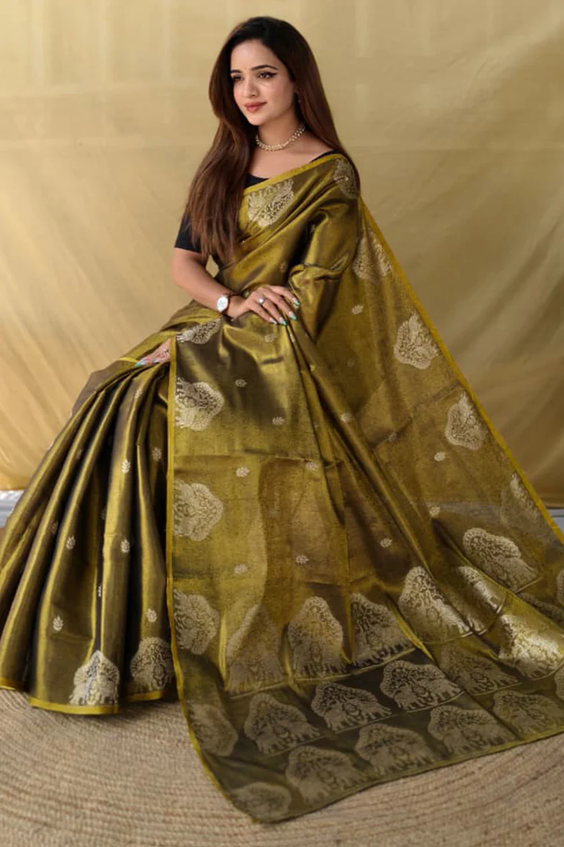 Murmurous Mehndi Banarasi Tissue Silk Saree With Chatoyant Blouse Piece - Image 2