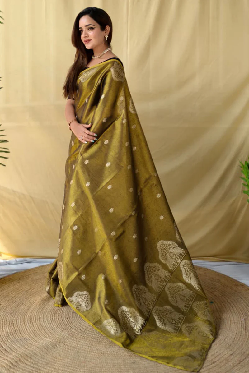 Murmurous Mehndi Banarasi Tissue Silk Saree With Chatoyant Blouse Piece - Image 4