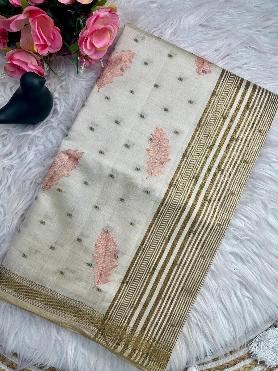 Murmurous Off White Embroidery Work Tussar Silk Saree With Enthralling Blouse Piece - Image 2