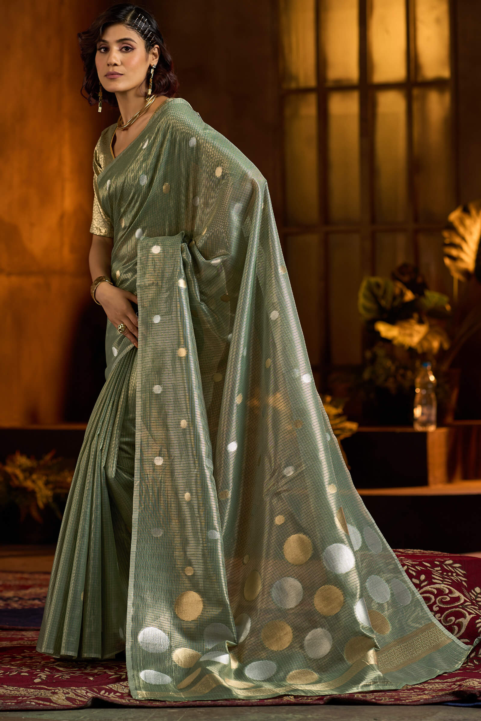 Murmurous Sea Green Soft Banarasi Tissue Silk Saree With Enticing Blouse Piece - Image 3