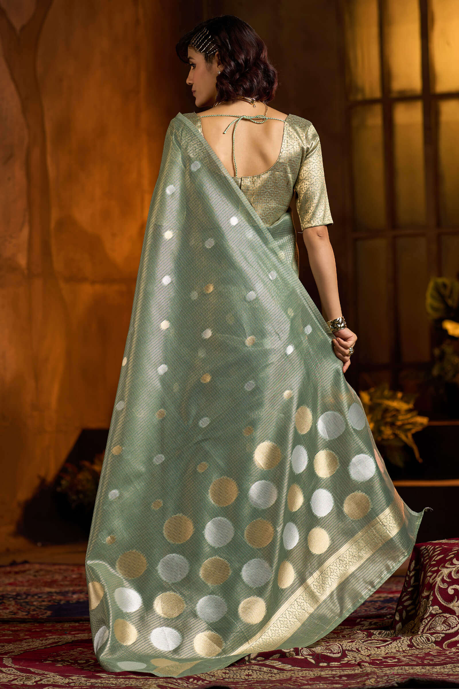 Murmurous Sea Green Soft Banarasi Tissue Silk Saree With Enticing Blouse Piece - Image 5