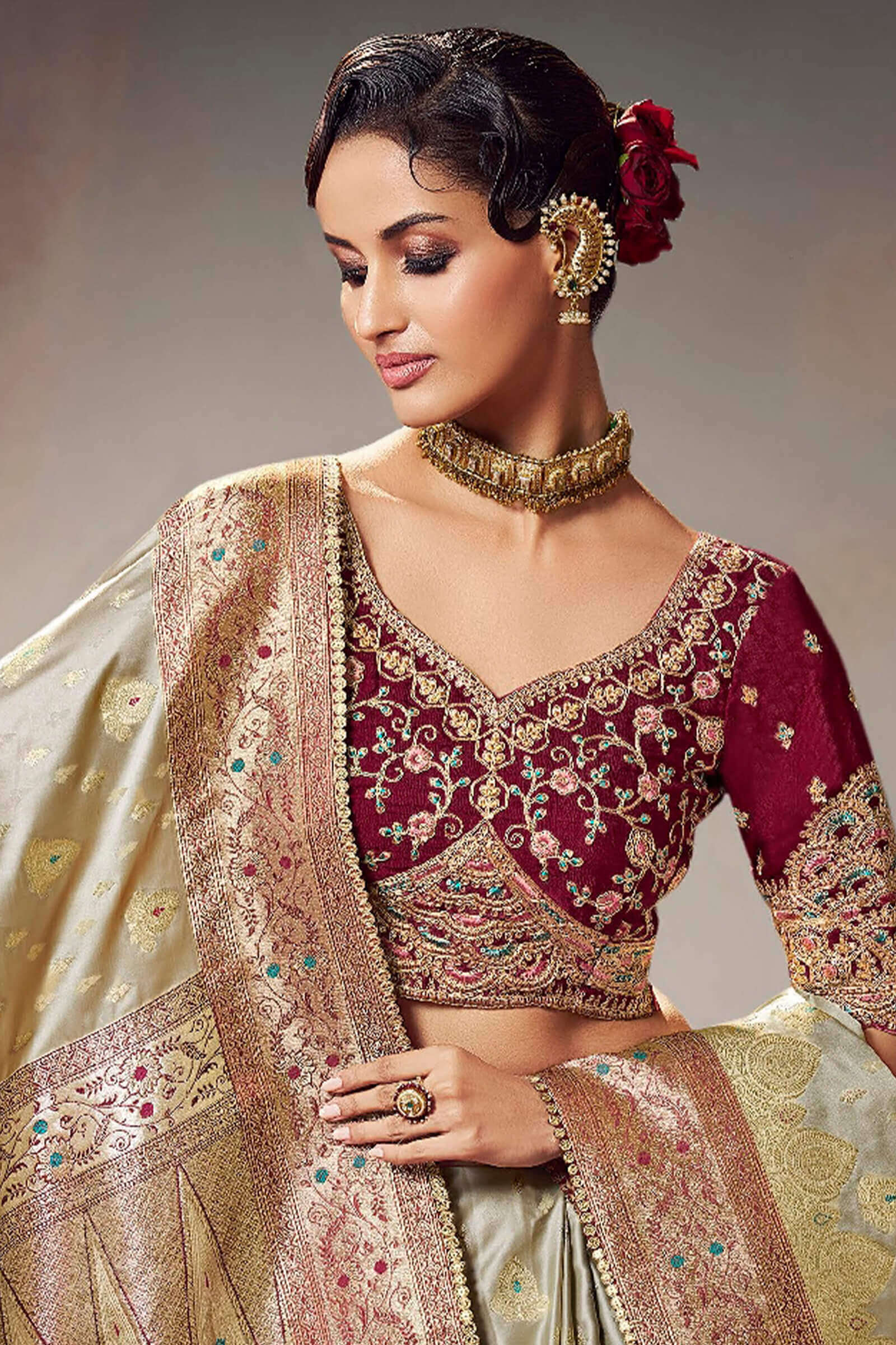 Nebula Beige Banarasi Satin Silk Saree With Twirling Blouse Piece - Image 2
