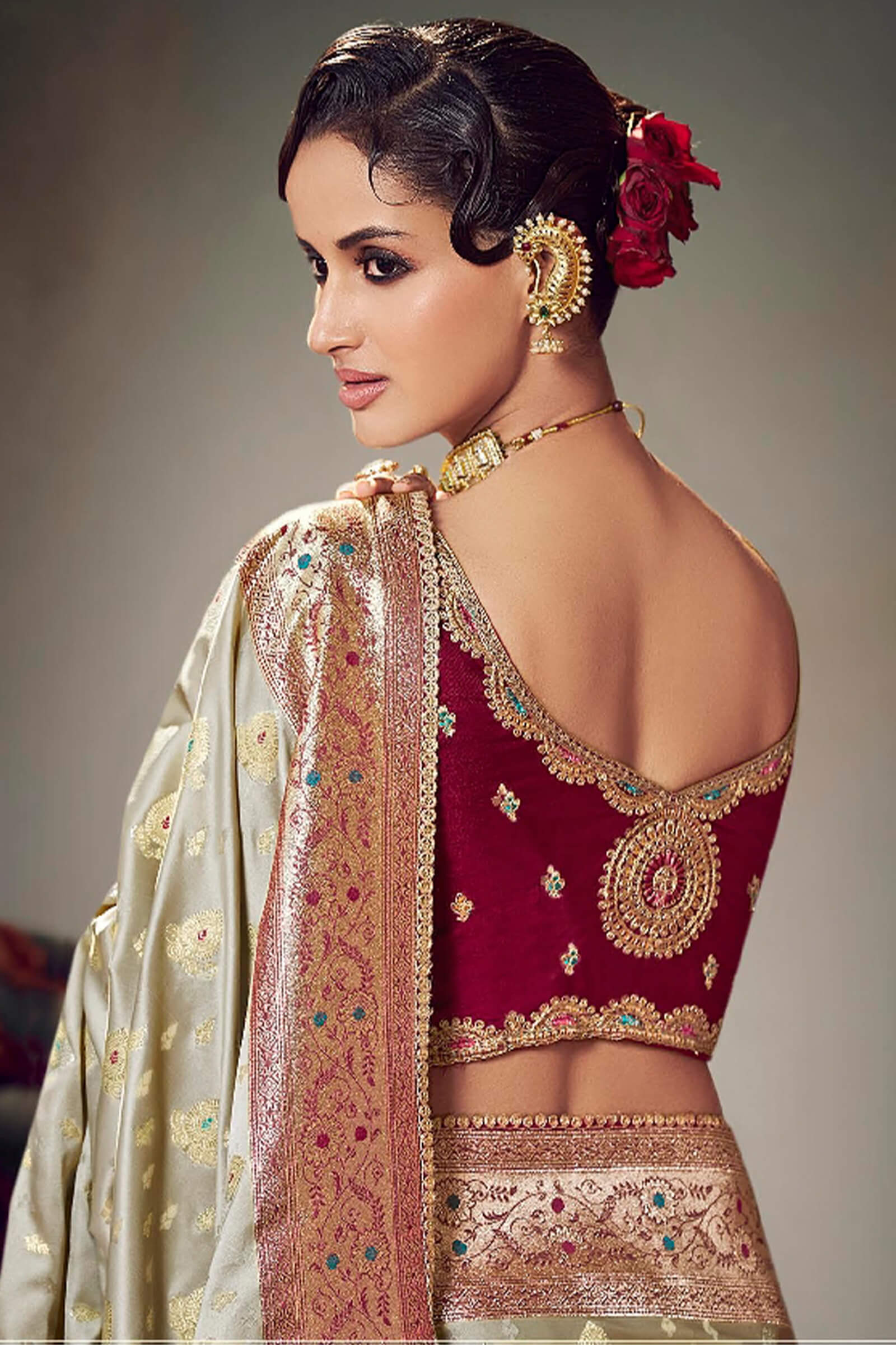 Nebula Beige Banarasi Satin Silk Saree With Twirling Blouse Piece - Image 3